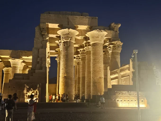 Illuminated columns of Kom Ombo Temple at night during an escorted Egypt tour